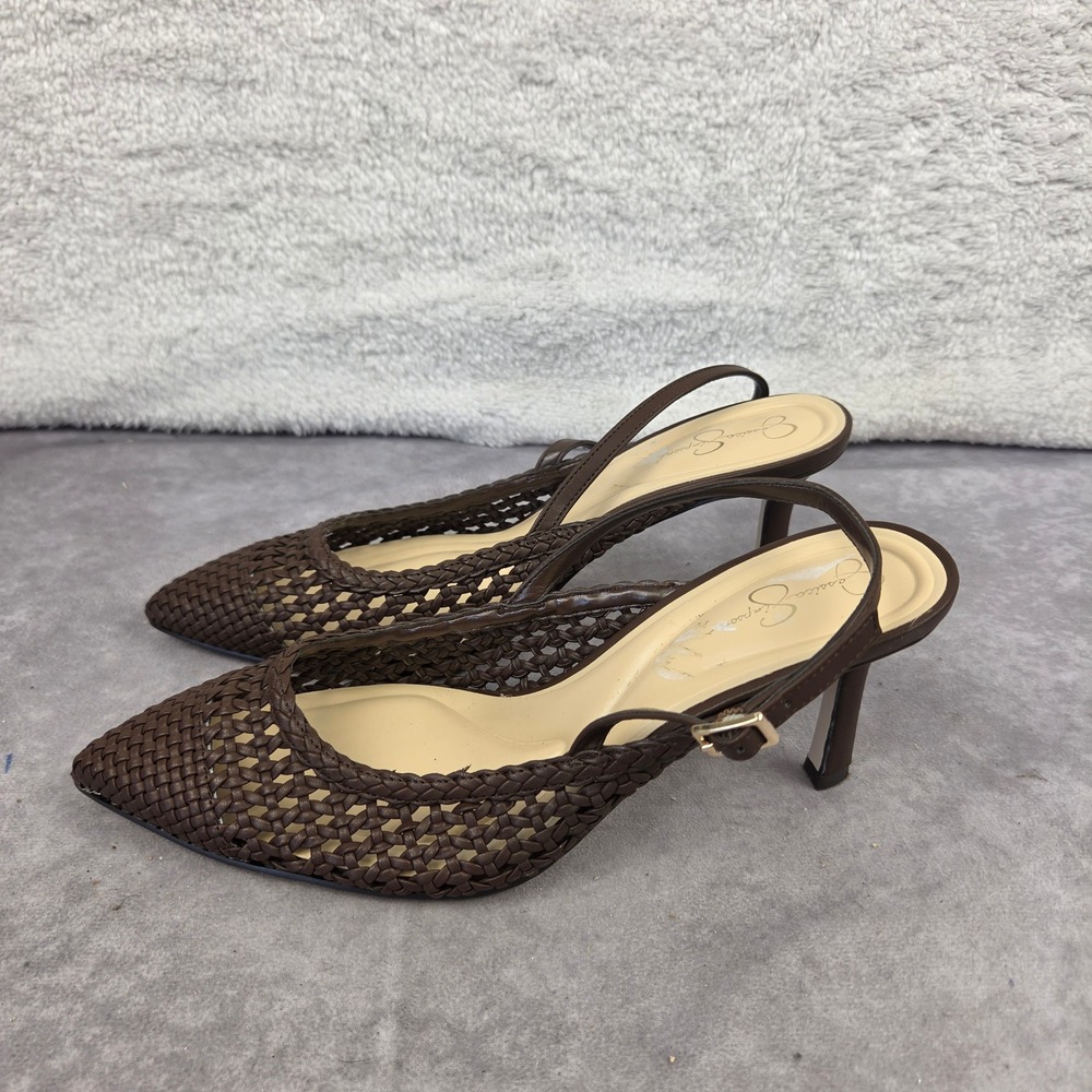 Jessica Simpson Denvie Woven Pointed Toe Ankle Strap Pumps Brown 8.5M JP-Denvie